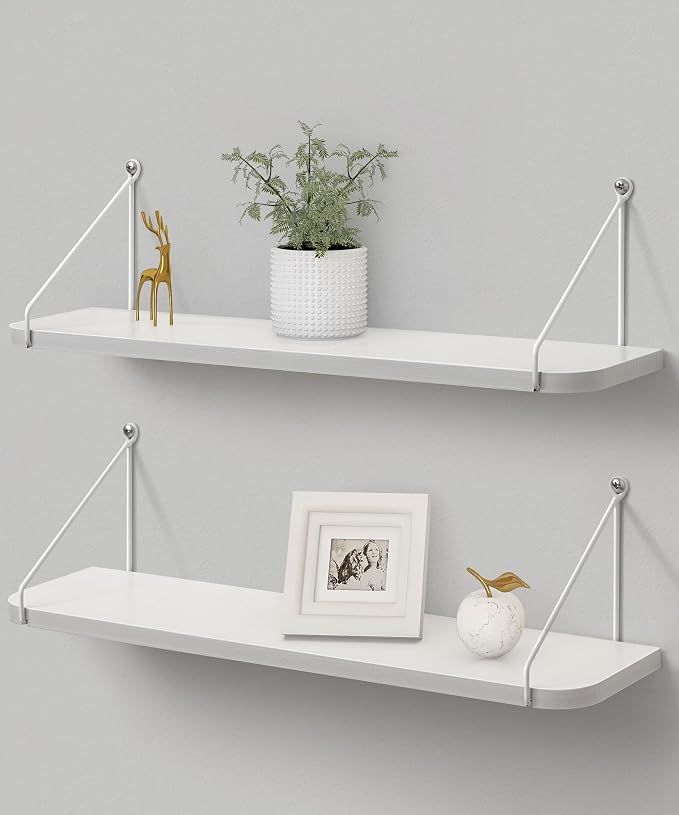 Afuly White Floating Shelves for Wall, 24in Shelf with Brackets, Set of 2 | Long Hanging Bookshelf, Plants Photos Display, Organizer Modern, for Bathroom, Kitchen, Living Room, Bedroom, Home Decor