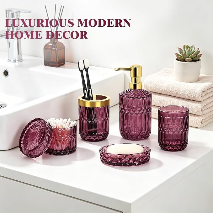 Bathroom Accessories Set, 5Pcs Bathroom Soap Dispenser Set, Glass Bathroom Accessories with Glass Soap Dispenser, Soap Dish, Toothbrush Holder, Tumbler, Cotton Swab Jar (Red)