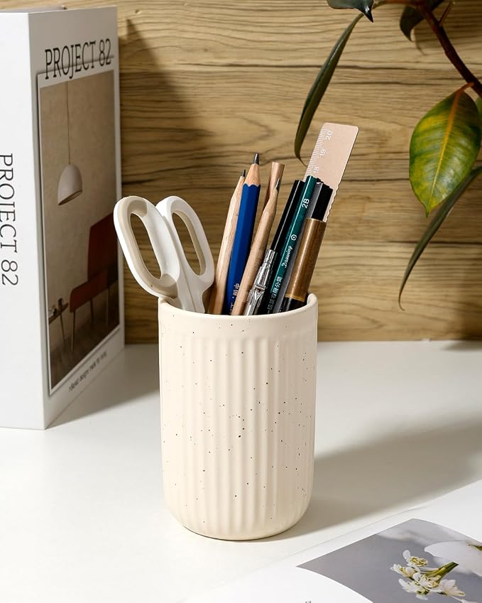 BosilunLife Ceramic Toothbrush Holder - 12oz Bathroom Toothbrush Holder Tooth Brush Holders Tumbler Cups Reusable Toothbrush Mouthwash Cup Small Toothbrush and Toothpaste Holder, Striped Apricot
