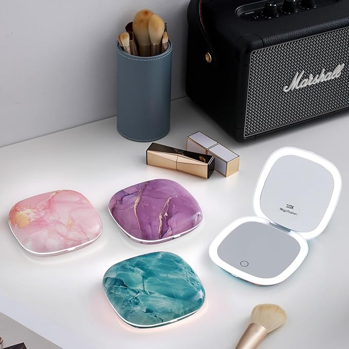 Mocado Compact Mirror with Light-4 Inches Compact 1x/10x Magnifying Mirror | Double Sides Lighted, 3 Colors Lighting, 0-100% Brightness, Diammable Touch, 1200mAh Rechargeable, For Pocket, Purse