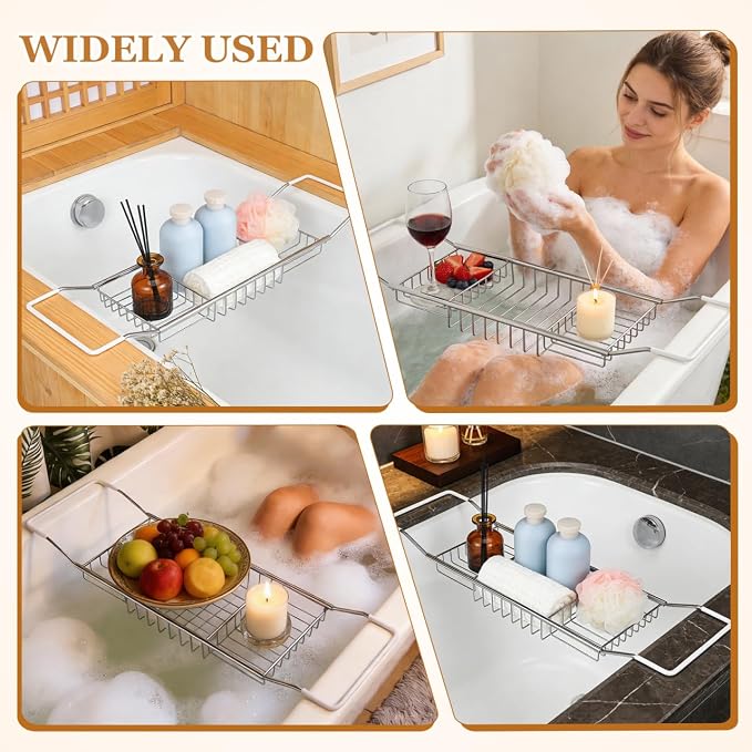 Cabilock Stainless Steel Expandable Bathtub Tray, Chrome Polished Telescopic Bath Tub Shelf, Bathroom Organizer for Soap, Shampoo, Phone and Sundries
