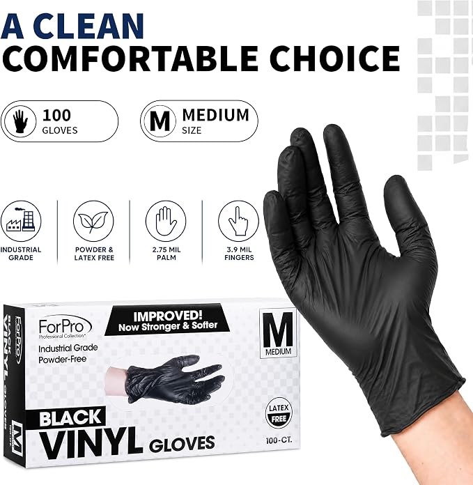 ForPro Disposable Vinyl Gloves, Industrial Grade, Powder & Latex Free, Non-Sterile, Food Safe, 2.75 Mil Palm, 3.9 Mil Fingers