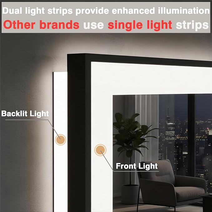 EchosLife 72x36 Bathroom Mirror with Lights - Black Aluminum Framed | Black Frame, Front and Backlit, Anti-Fog, Stepless Dimmable, 3 Colors, Memory, Tempered Glass, UL Listed, Horizontal/Vertical