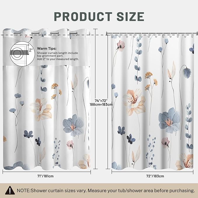 No Hook Floral Shower Curtain with Liner, Blue Beige, 71x74 | Snap in Liner, 3 in 1, Water Repellent, Easy Install, Machine Washable, Hotel Style for Bathroom, Watercolor Pattern
