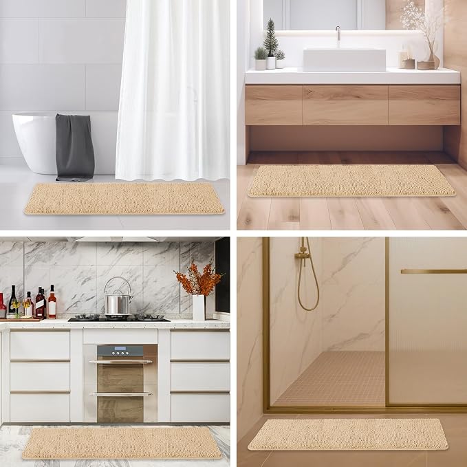 Bathroom Runner Rug 47 x 17 Inch – Long Bath Mat | Absorbent and Washable Thick Chenille Bath Rug Non-Slip Runner Rug for Bathroom, Shower, Sink(Ivory Cream)