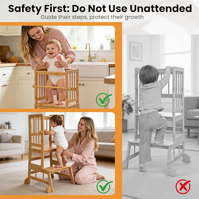 HBTower Toddler Standing Tower, Kids Kitchen Step Stool with Safety Rails | Stable Toddler Learning Tower for Kitchen Counter with Anti-Slip Feet, Hold Up to 450 LBS, Natural Bamboo & Easy to Clean
