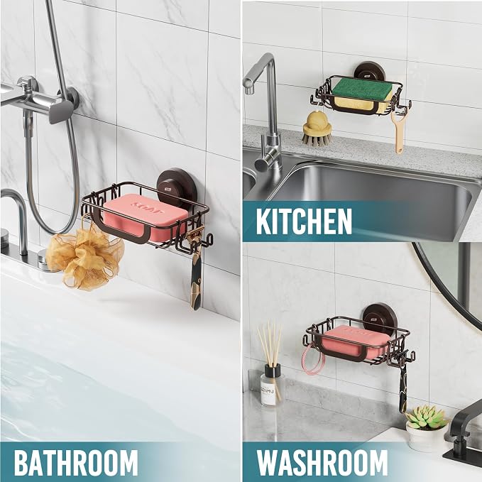 TAILI Soap Holder, Soap Dish Suction Cup with Hooks, Stainless Steel, Brown | Soap Dish for Shower, Bathroom Bar soap holder Shower Wall, Stainless Steel Sponge Holder for Tub Kitchen