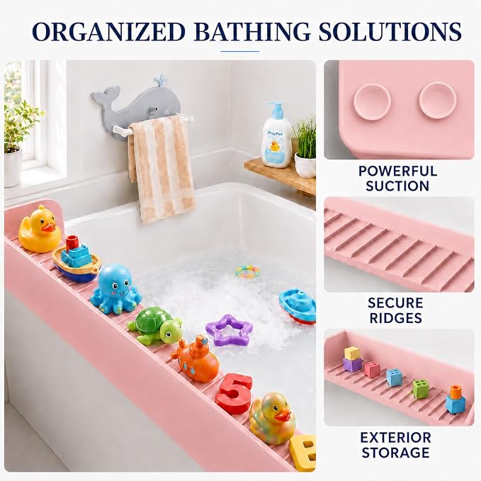 Bathtub Splash Guard for Tub Kids, Silicone Bath Toy Holder & Tub Side Tray with Suction Cups, Bath Tub Shelf for Kids, Bathtub Toy Storage, Pink