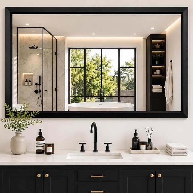 Black Bathroom Mirror for Over Sink, 38x40Inch Thick Anti-Rust Metal Frame, Rectangle Decorative Wall Mirror with HD Tempered Glass Horizontal or Vertical Mount for Vanity, Bedroom, Living Room