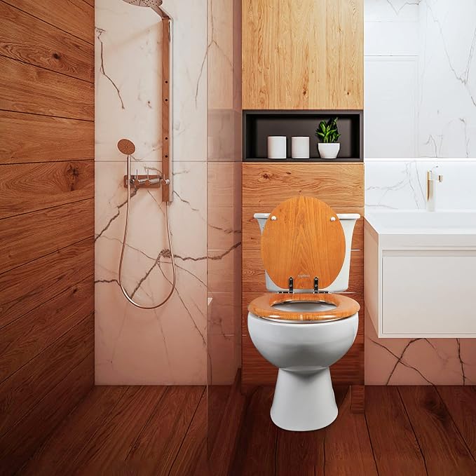 Angel Shield Toilet Seat Round Wood Veneer Natural Soft Close | Quick Release Metal Hinges, Adjustable Fit for Standard Round Toilets, Easy to Install&Clean