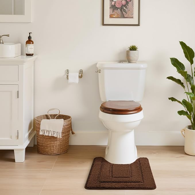 GRANNY SAYS Brown U Shaped Toilet Rug 20" x 24", Non-Slip Bath Mat | Soft microfiber, TPR backing, absorbs water quickly, machine washable, fits around most standard toilet bases