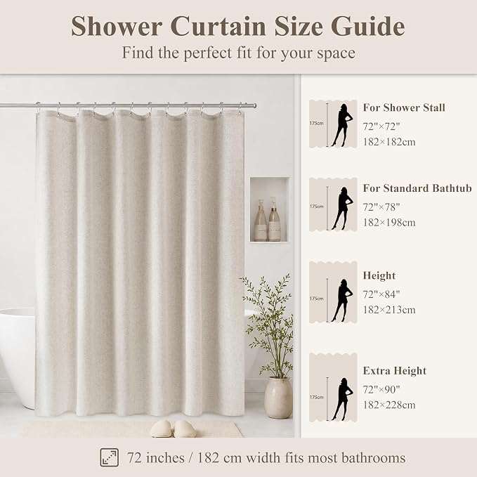 Jowels Apricot Linen Fabric Shower Curtains for Bathroom, 72x72 | Beige Linen Shower Curtains Set, Waterproof Washable Weighted Textile, Metal Hooks, Hotel Boho Farmhouse Bathroom Decor