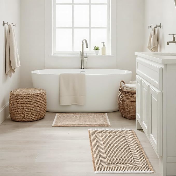 MIULEE Set of 2 Waffle Bathroom Rugs Brown&Cream Boho Bath Mat 18x30 in | Looped Design, Super Absorbent, Non Slip, Washable, Ultra Soft, Rubber Backed, Bathroom Mats for Floor Tub Shower
