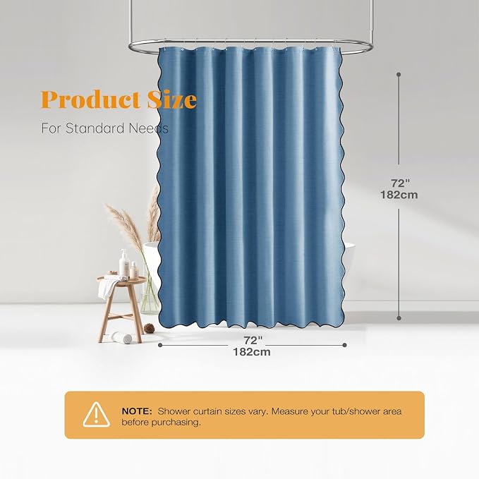 MoonlightBlue Boho Scalloped Linen Textured Shower Curtain Set, 72x72 | 230GSM Waterproof Polyester, Heavy Duty Fabric, 12 Plastic Hooks, Modern Farmhouse Style, Machine Washable, Bathroom Decor