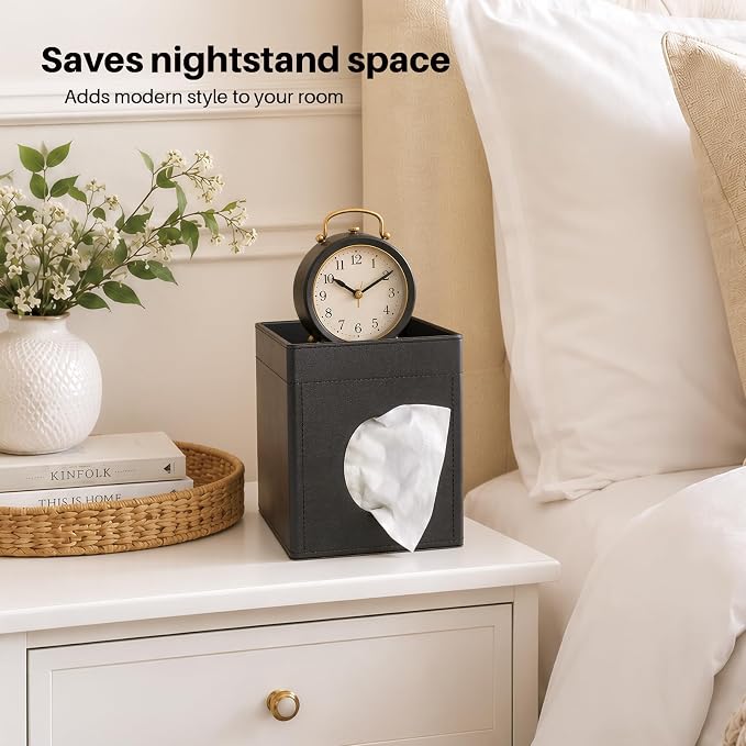 Square Tissue Box Holder with Storage Tray Tissue Box Cover, Tissues Cube Boxes Cover for Nightst, Dining Table, Dressing Table, Tea Table, Coffee Bar (Black)