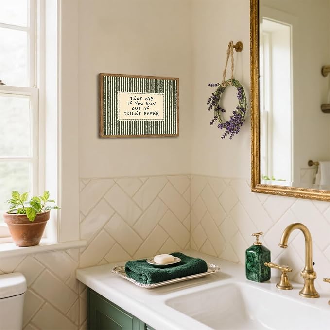 Funny Bathroom Wall Art Text Me If You Run Out of Toilet Paper Sign Wall Decor Picture Vintage Quirky Quote Striped Restroom Poster Canvas Painting Prints 24x16 inch Wood Framed