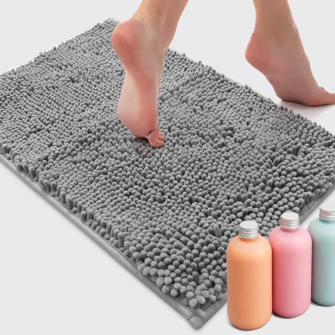 LuxUrux Chenille Bath Mat – Bath Rug 30”x20”, Soft Plush and Absorbent Microfiber Bathroom Floor Mat, Non-Slip, Quick Dry, Machine Washable Rug for Shower or Tub, Light Grey