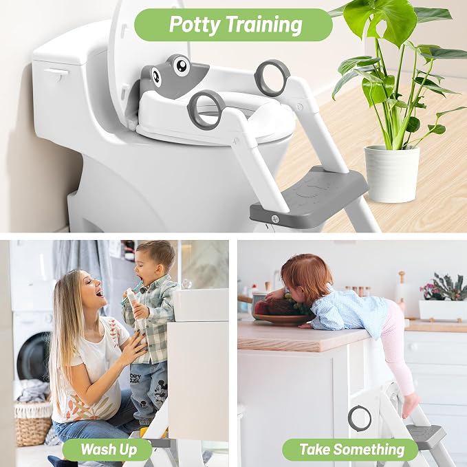 Potty Training Seat, Upgrade Toddler Toilet Seat for Kids Boys Girls, 2 in 1 Potty Training Toilet, Splash Guard Anti-Slip Pad Step Stool(Grey-Frog)