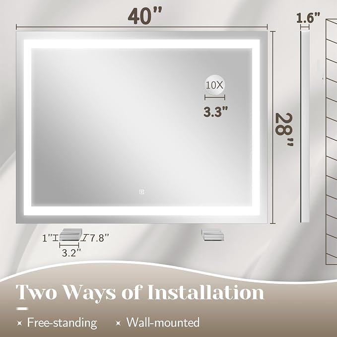 FENNIO Large Vanity Mirror with Lights,40" x 28"Makeup Mirror with Lights,Hollywood Mirror with 3 Color Modes & Adjustable Brightness,Vanity Mirror Square White