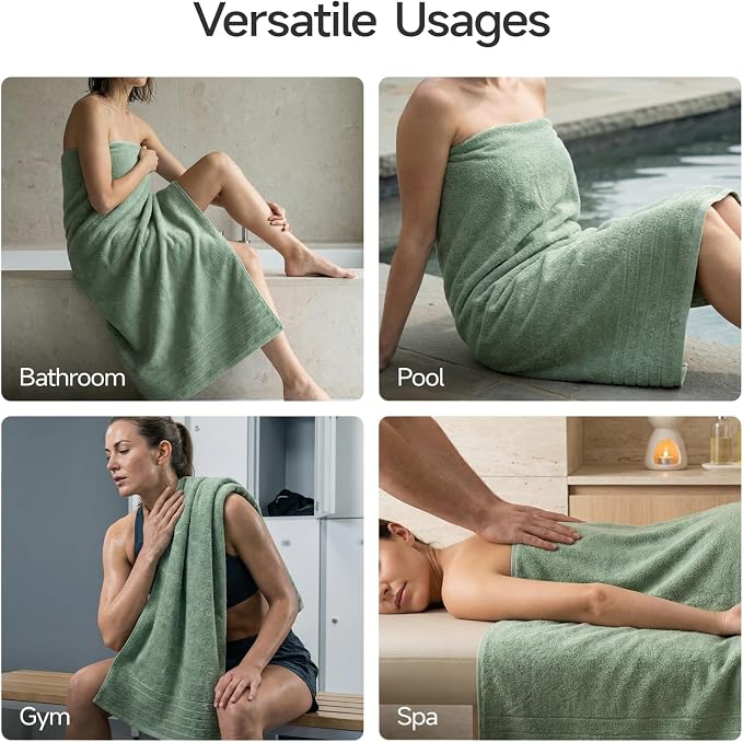 REDKISS 2 Pack Extra Large 35x70 Inch Cotton Bath Towels, Green | 100% thick cotton, ultra soft & absorbent, quick dry green towels for bathroom, gym, spa, pool, hotel