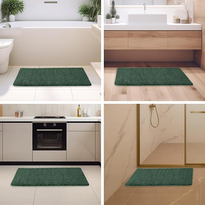 Dark Green Bathroom Rugs – Absorbent and Washable Bath Mat, Non-Slip, Thick Soft Chenille Bath Rugs for Bathroom Floor, Shower, Sink - 24" x 36"