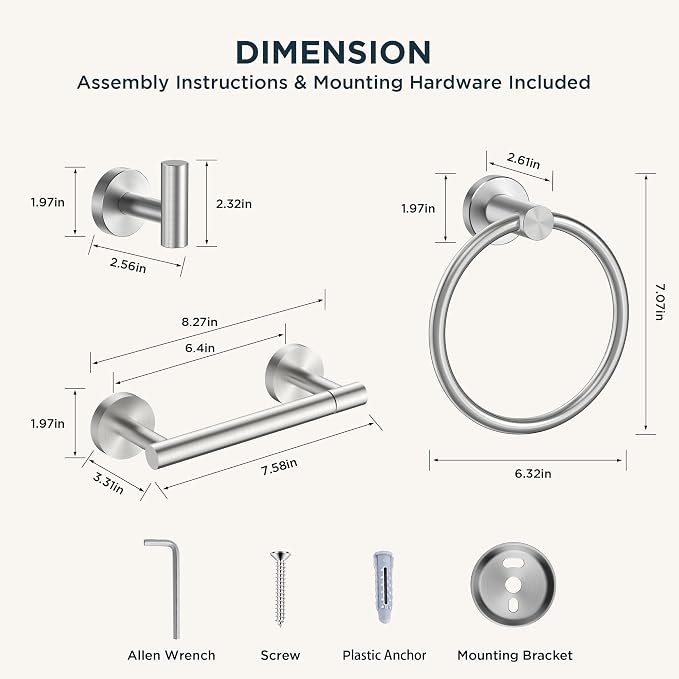 FORIOUS Bathroom Accessories Set, 4-Piece Bathroom Hardware Set | Brushed Nickel | SUS304 Stainless Steel Towel Ring, 2 Towel Hooks and Toilet Paper Holder Wall Mounted | Double Post Pivoting