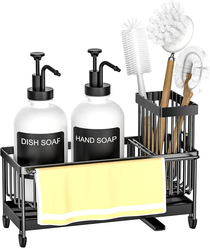 Kitchen Soap Dispenser Set with Sponge Holder and Towel Rack, 17OZ Glass Bottle, Hand and Dish Soap Dispenser Set, Non-Slip Silicone Pad, Brush Holder, Kitchen Sink Caddy Organizer Countertop (White)