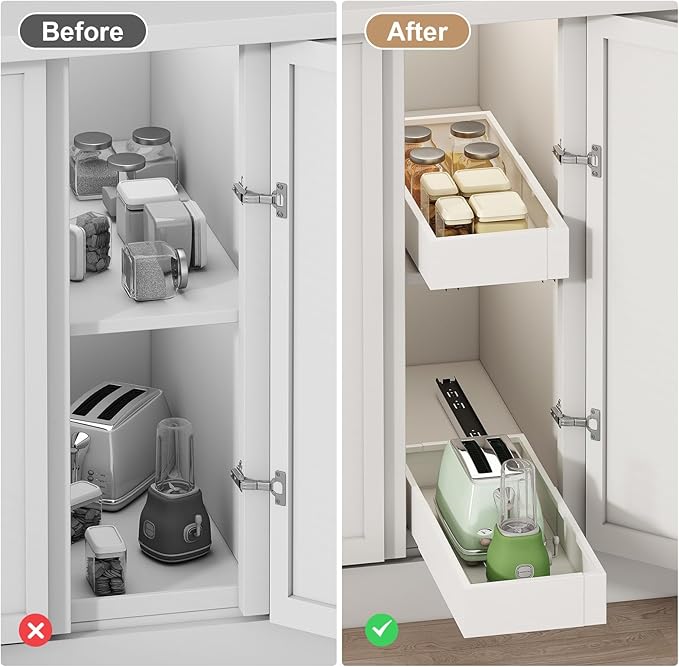 Fokyfok Pull out Cabinet Organizer,7"-11"W, 17"-24"D,Expandable,Adhesive | No Drill,Adjustable Slide out Drawers for Kitchen,Pantry,Roll out Shelves,for Cabinets Without Lip,Bathroom,White,1PC