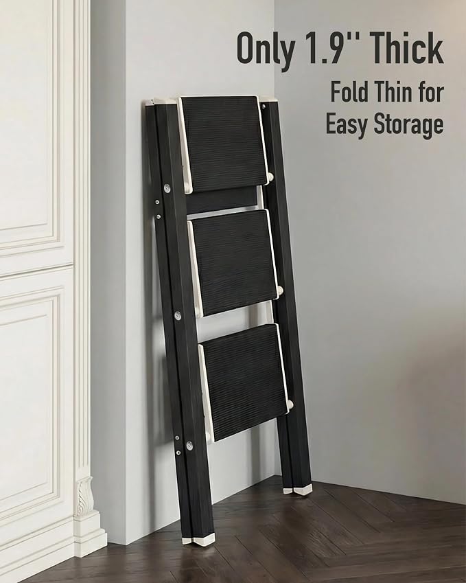 Mayi Plus 3 Step Stool Foldable, Aluminum, Lightweight Step Ladder | Extra-wide anti-slip folding steps with 330 lbs, for home,kitchen,office,outdoor,Ebony woodgrain