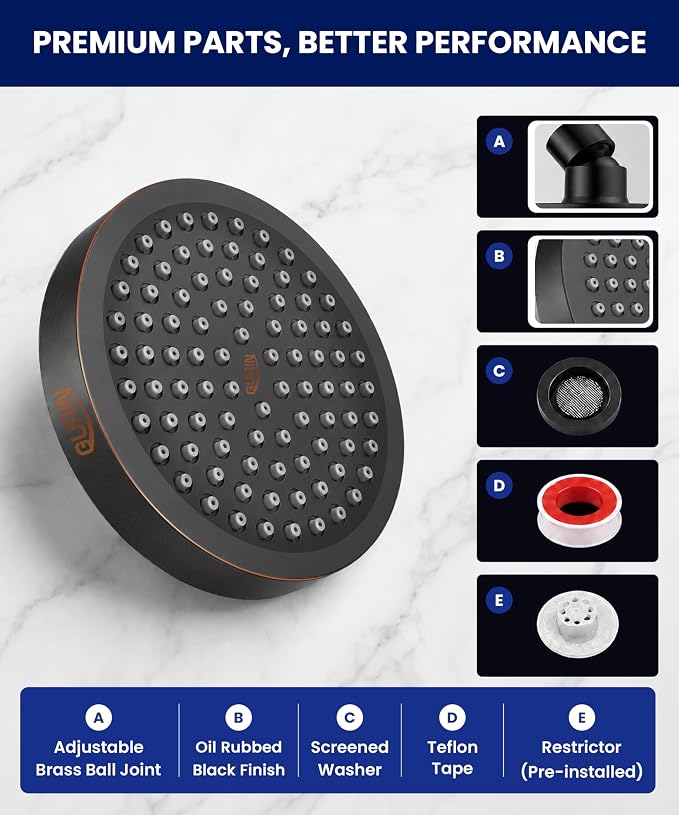 Shower Head - Luxury Oil Rubbed Black Finish - Rain Showerhead 6 Inch | High Pressure Shower Heads with Adjustable Angles, 90 Anti-Clog Nozzles, Tool-Free 1-Min Install
