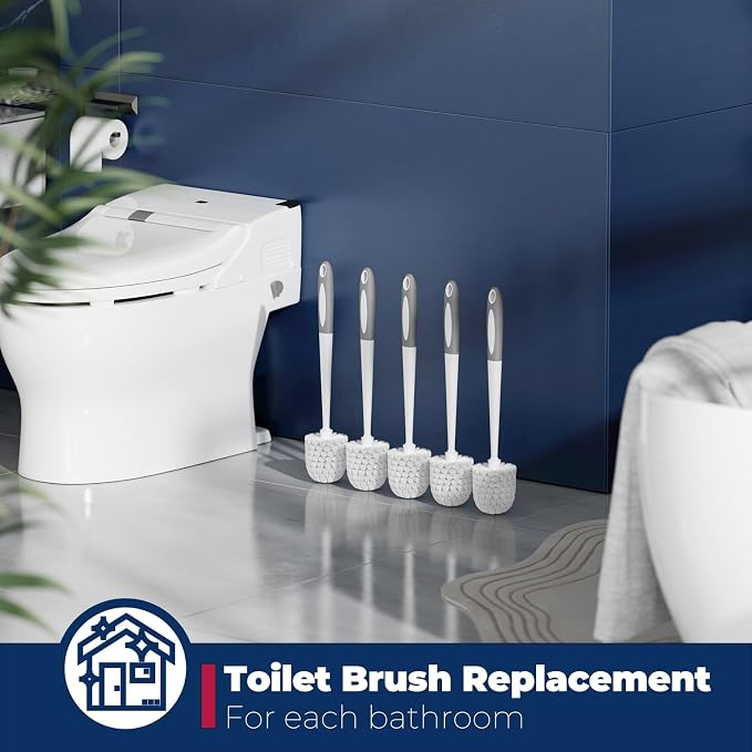 Holaloha Toilet Bowl Brush for Replacement, 5 Pack, White | Bathroom Accessories, Ergonomic Silicone Handle, Dense Bristles, Deep Cleaning, Scrubber, with 5 Groove Gap Brushes