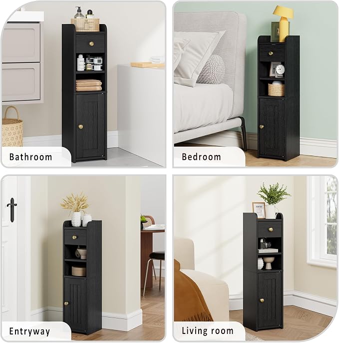 Lomojo Small Bathroom Storage Cabinet with Drawer,7.75L*7.75D*29.6H(Black) | Narrow Toilet Paper Holder, Corner Floor Cabinet with Doors and Drawer for Bathroom Small Space, Adjustable Shelf Organizer
