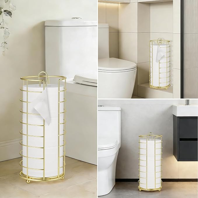 Toilet Paper Holder Stand,Freestanding,Gold | Bathroom Toilet Paper Organizer, 3 Mega Roll Toilet Paper Holder for Under Sink, Vanity, Cabinet Shelf