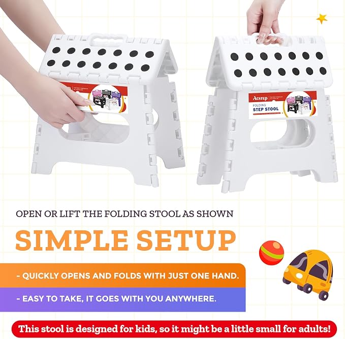 Collapsible Step Stool 7.5 Inch, Small Folding Stool, 176 lbs, White | Lightweight Foldable Step Stool for Kids and Adults with Handle, for Kitchen, Bathroom, Car, and Compact Home Storage