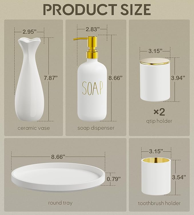 6Pcs White&Gold Bathroom Accessories Set with Tray, Bathroom Counter Sets | Perfect For Creating A Clean, Modern Bathroom Countertop In Apartments, Master Bathrooms, Guest Bathrooms And Airbnb Spaces.