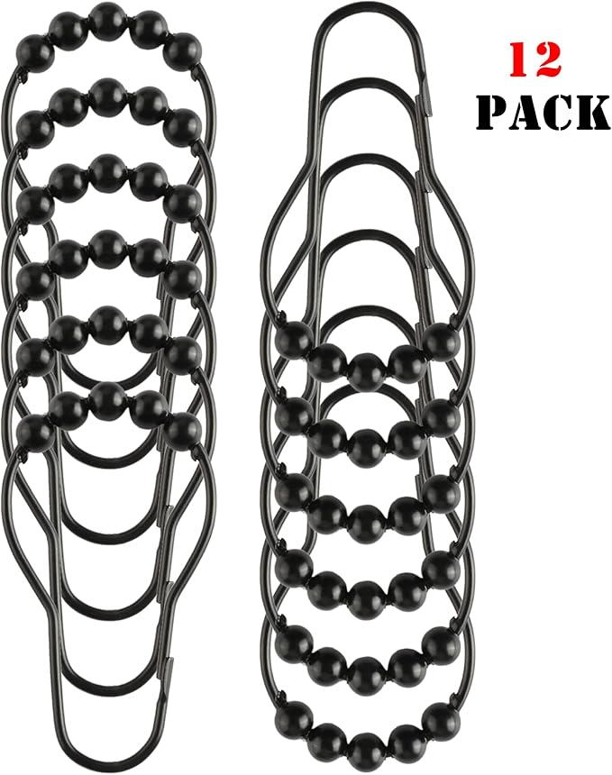Shower Curtain Hooks Rings, Rustproof Metal Shower Curtain Rings for Bathroom Shower Rods Curtains - Set of 12, Matte Black