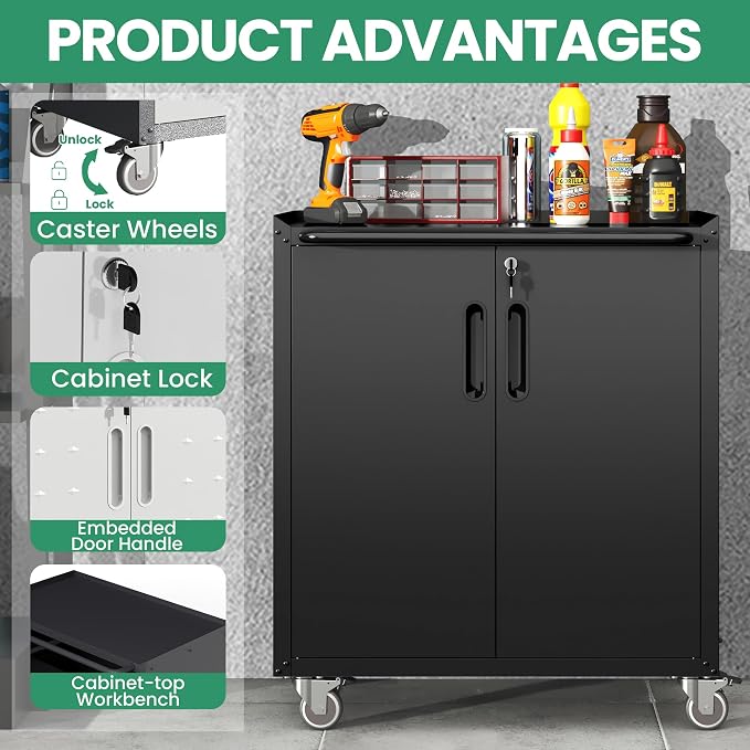 Garage Tool Cabinet Set,Heavy Duty Steel Rolling Tool Chest with Lockable Doors & Adjustable Shelves