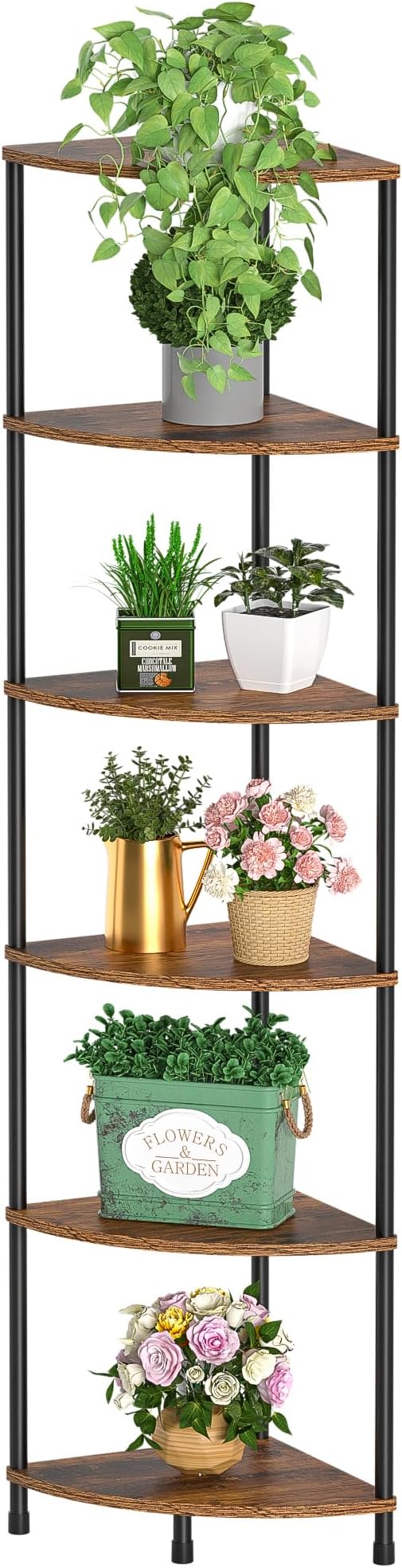 6 Tier Corner Plant Stand Shelf, 54.4", Rustic Brown | Metal Frame, Bathroom Kitchen Shelf Organizer Storage, Small Corner Shelf for Bedroom Living Room Decor Accessories