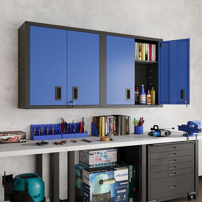 30 Inch Metal Wall Cabinet, Metal Wall Cabinet for Garage, Blue | Wall Mount Cabinet with Lock and Adjustable Shelf, Lockable Storage Cabinet for Home Office,Garage,Gym,School