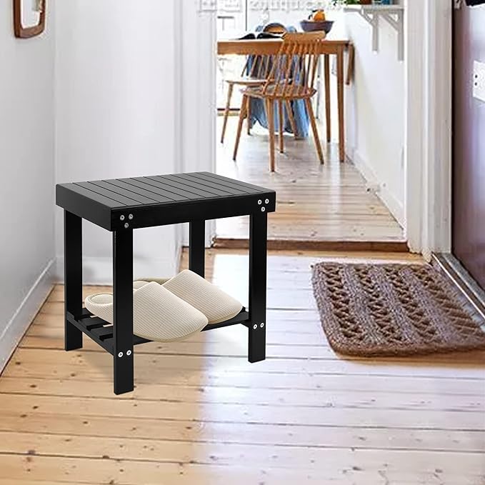 VaeFae Bamboo Spa Bench Seat Stool Foot Rest Shaving Stool with Non-Slip Feets Storage Shelf for Shampoo Towel,Works in Bathroom/Living Room/Bedroom/Garden Leisure (Black)