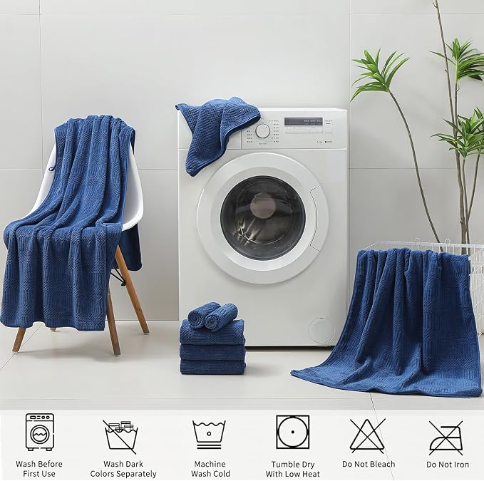 18 Pcs Navy Woven Family Towels Set-6 Bath Sheets,6 Hand Towels,6 Washcloths Soft Microfiber Towels Absorbent Shower Towel Quick Dry Beach Chair Towel Lint Less Towels Set for Bathroom Spa Gym Hotel