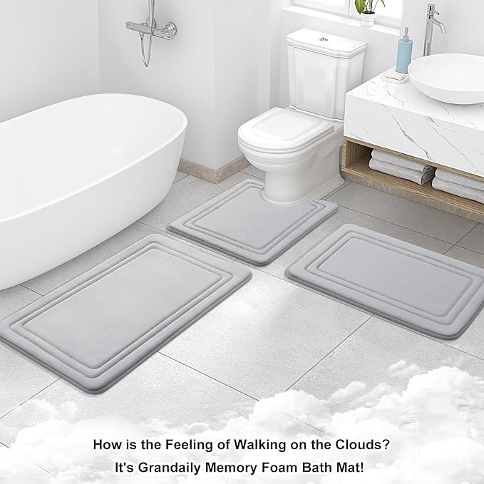 Grandaily Memory Foam Bath Mat Rug 30x20, Ultra Soft, Non-Slip and Absorbent Bathroom Rugs, Machine Wash Dry, Comfortable Bath Carpet for Bathroom Floor, Tub and Shower, Grey