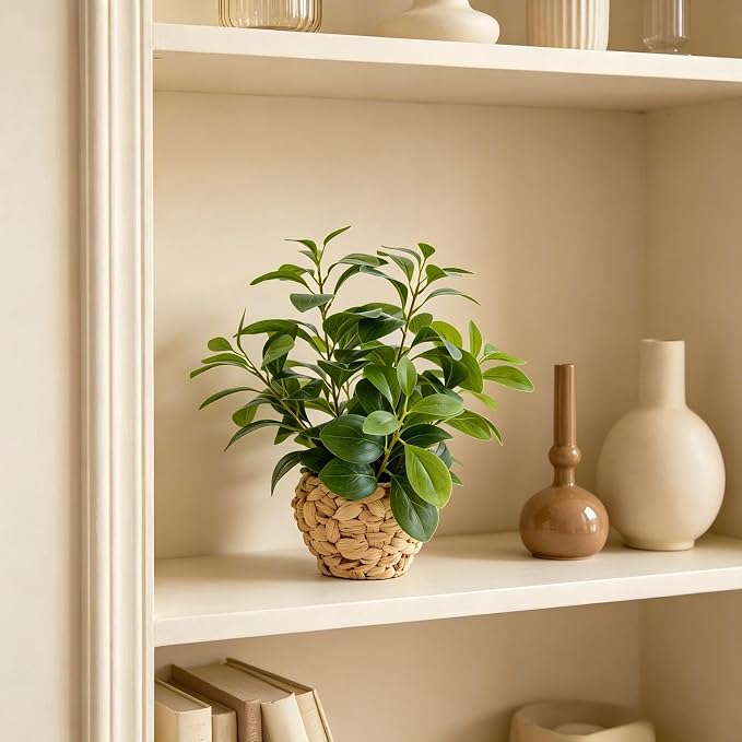 AlphaAcc Fake Faux Potted Plant 15.7" Ficus Water Hyacinth Boho Decor | Artificial plants fig leaf greenery natural hyacinth basket ideal boho office desk shelf home decor