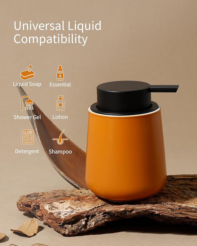 BosilunLife Ceramic Soap Dispenser - Dish Soap Dispenser for Bathroom 12Oz | Refillable Liquid Hand Wash Dispenser for Essential Oil, Lotion Soap, Orange