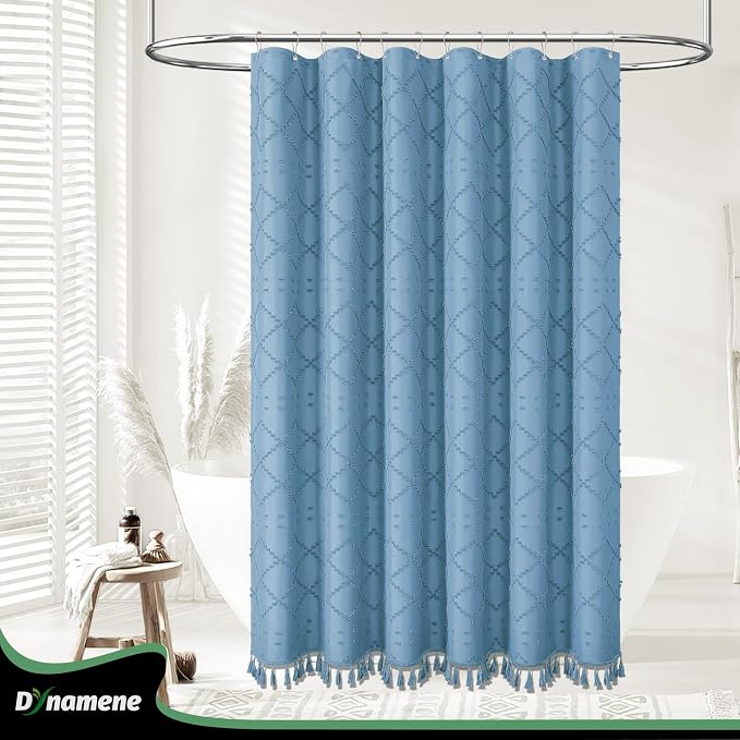 Long Boho Shower Curtain Tufted Geometric 72"x78" Moonlight Blue | 78 Inch Tall, Elegant Tassel, Lightweight Textured Fabric, Water Repellent, Washable, Hotel Spa, for Bathroom/Dorm 12 Hooks