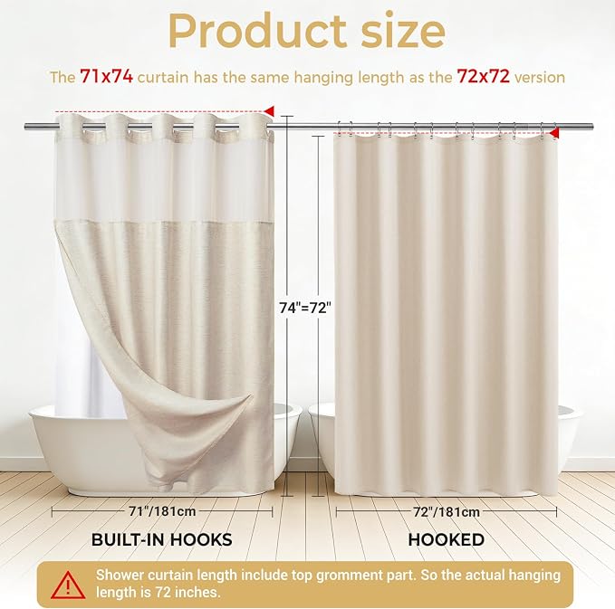 WONICY Linen Texture No Hook Shower Curtain with Liner, Linen Cream, 71x74 | Waterproof & Washable, Snap in Liner, Hotel Style, Mesh Top Window, Bottom Magnets, Thick, for Bathroom