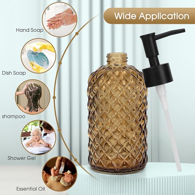 2 Pack Gem Glass Soap Dispenser with Black Plastic Pump, 13oz Liquid Hand Soap Dispenser, Rustproof Pump for Kitchen & Bathroom, Great for Lotions, Essential Oil, Liquid Soaps-Amber