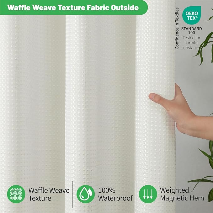 No Hook Waffle Shower Curtain, No Liner Needed Separate, 71x77 Inch, Cream | 100% waterproof TPU-laminated backing, magnetic weighted hem, machine washable, shower curtain set for bathroom or hotel use