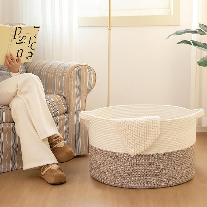 OIAHOMY 115L Extra Large Blanket Basket for Living Room, 23.6" x 15.4" Woven Cotton Rope Laundry Basket for Organizing Pillows, Decorative Stuffed Animal Toy Storage for Nursery, White and Linen Brown