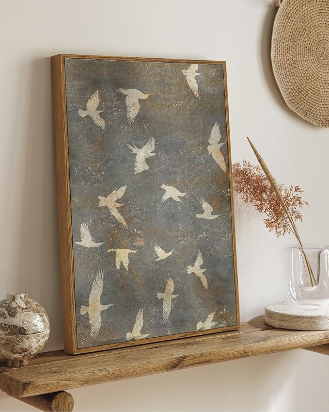 InSimSea Framed Canvas Wall Art Vintage Decor, Home Decor Painting Gold Flying Bird Collage Large Wall Decorations for Living Room, Landscape Modern Canvas Pictures Art for Bedroom Gallery, 16"x24"